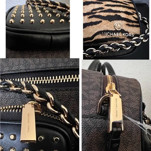 SALE🔥🔥MICHAEL KORS SIGNATURE ELLIOT STUDDED TIGER PRINT CALF HAIR SHOULDER BAG